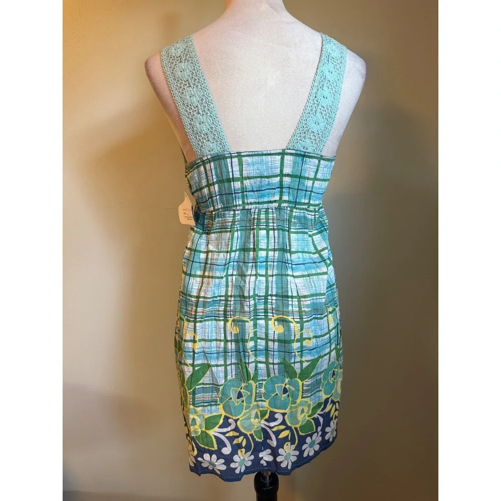 Angie Green Floral Crochet cottage  boho y2k‎ whimsi Cotton Dress Small NWT blue